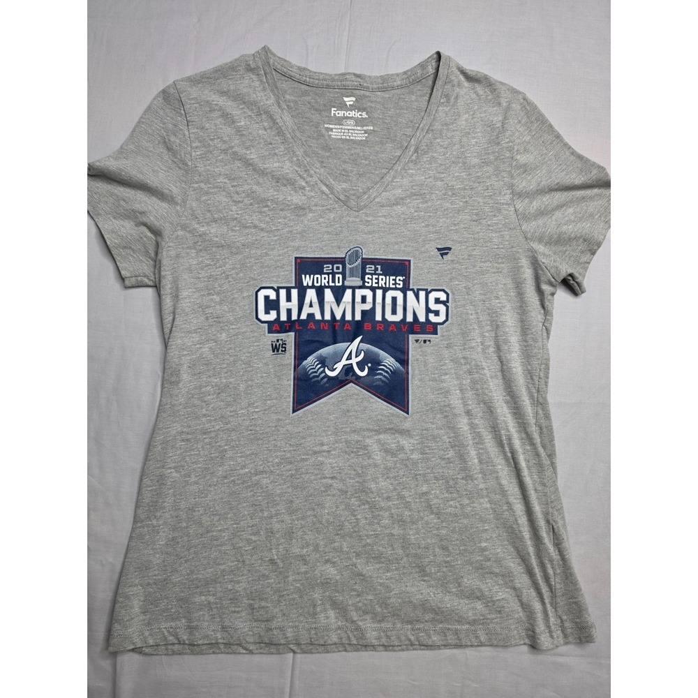 Fanatics Atlanta Braves Baseball Shirt Women's L Gray V-Neck 2021 World Series